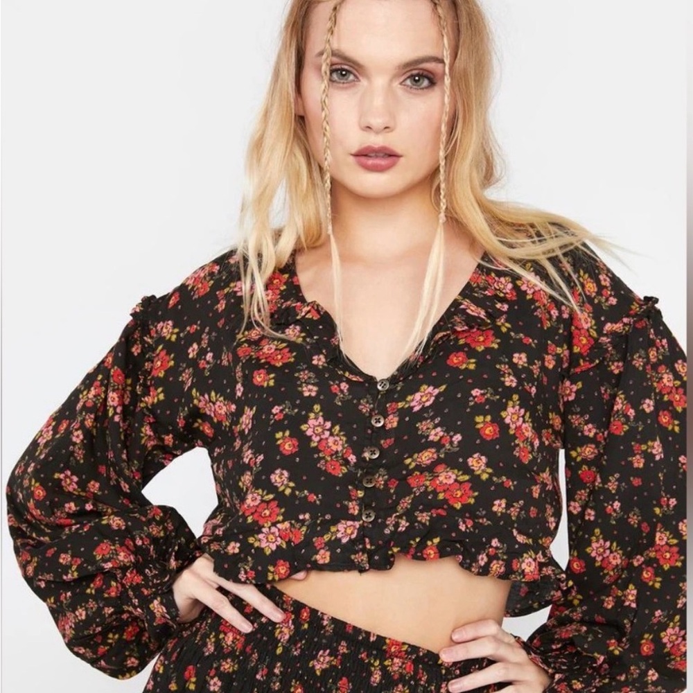 Free People Black Floral Blouse